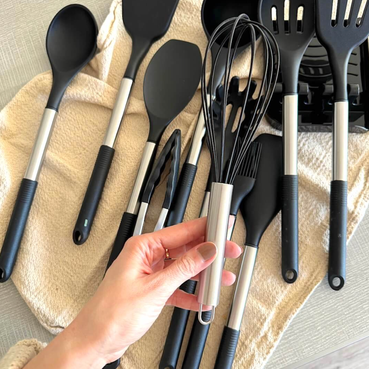 Black Silicone Kitchen Utensil Set 12 Piece with Stainless Steel Handles – Non-Stick Heat Resistant Cooking Tools