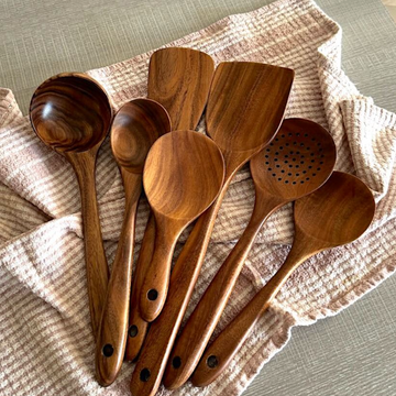 Teak Wood Kitchen Utensil Set 7 Piece – Handcrafted Wooden Cooking Spoons, Spatula & Slotted Spoon