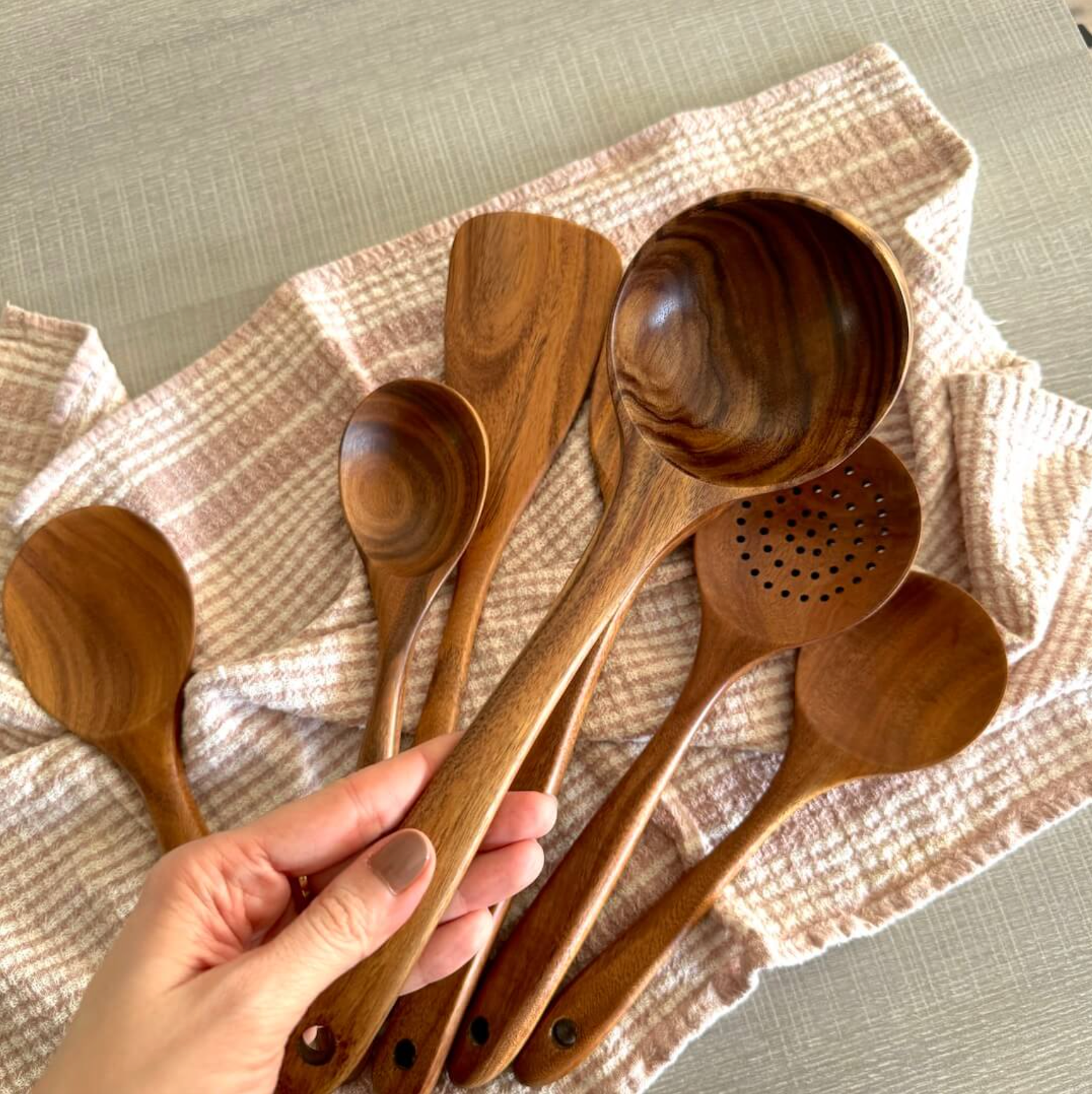 Teak Wood Kitchen Utensil Set 7 Piece – Handcrafted Wooden Cooking Spoons, Spatula & Slotted Spoon