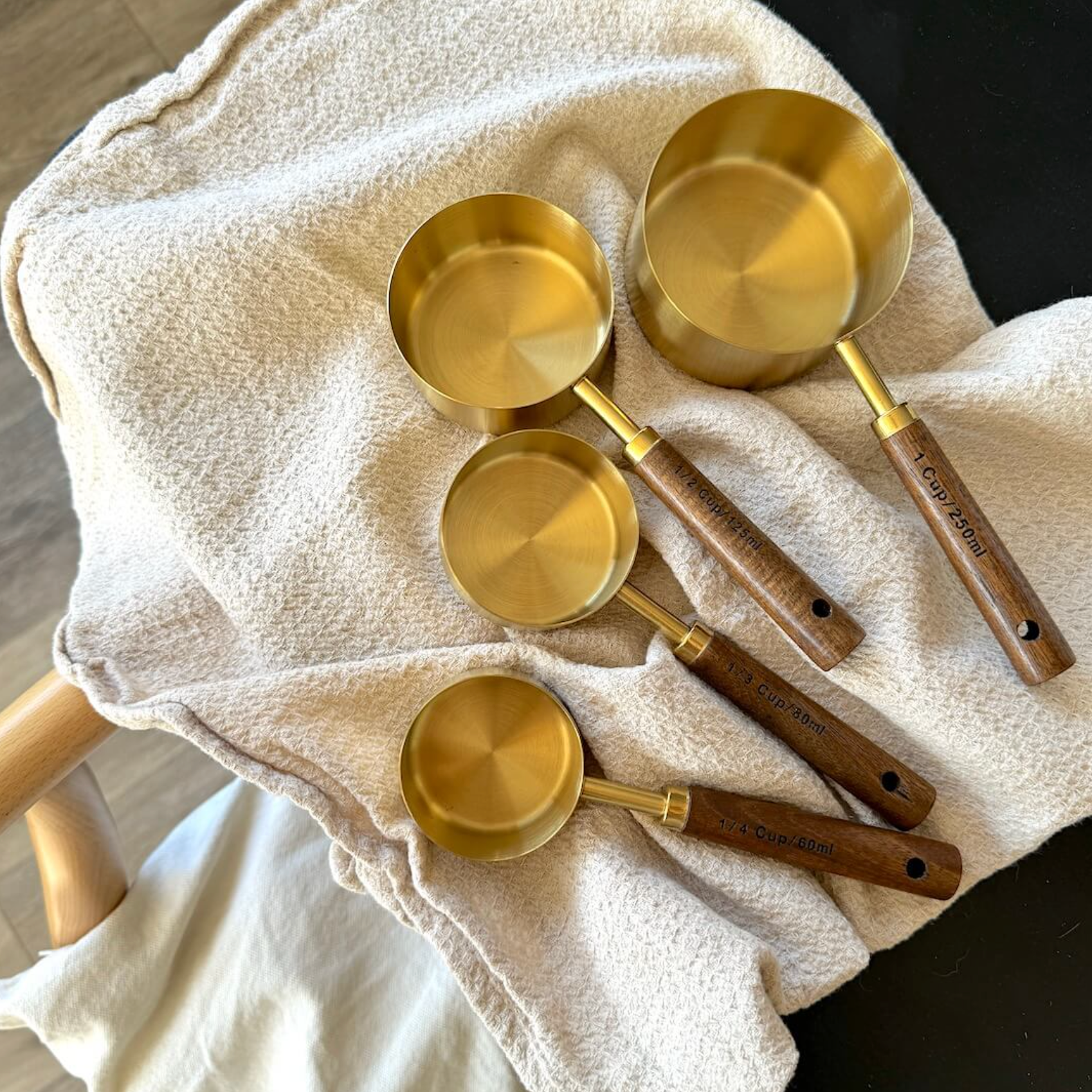 Gold Stainless Steel Measuring Cups Set 4 Piece with Walnut Wood Handles – 1 Cup, 1/2, 1/3, 1/4