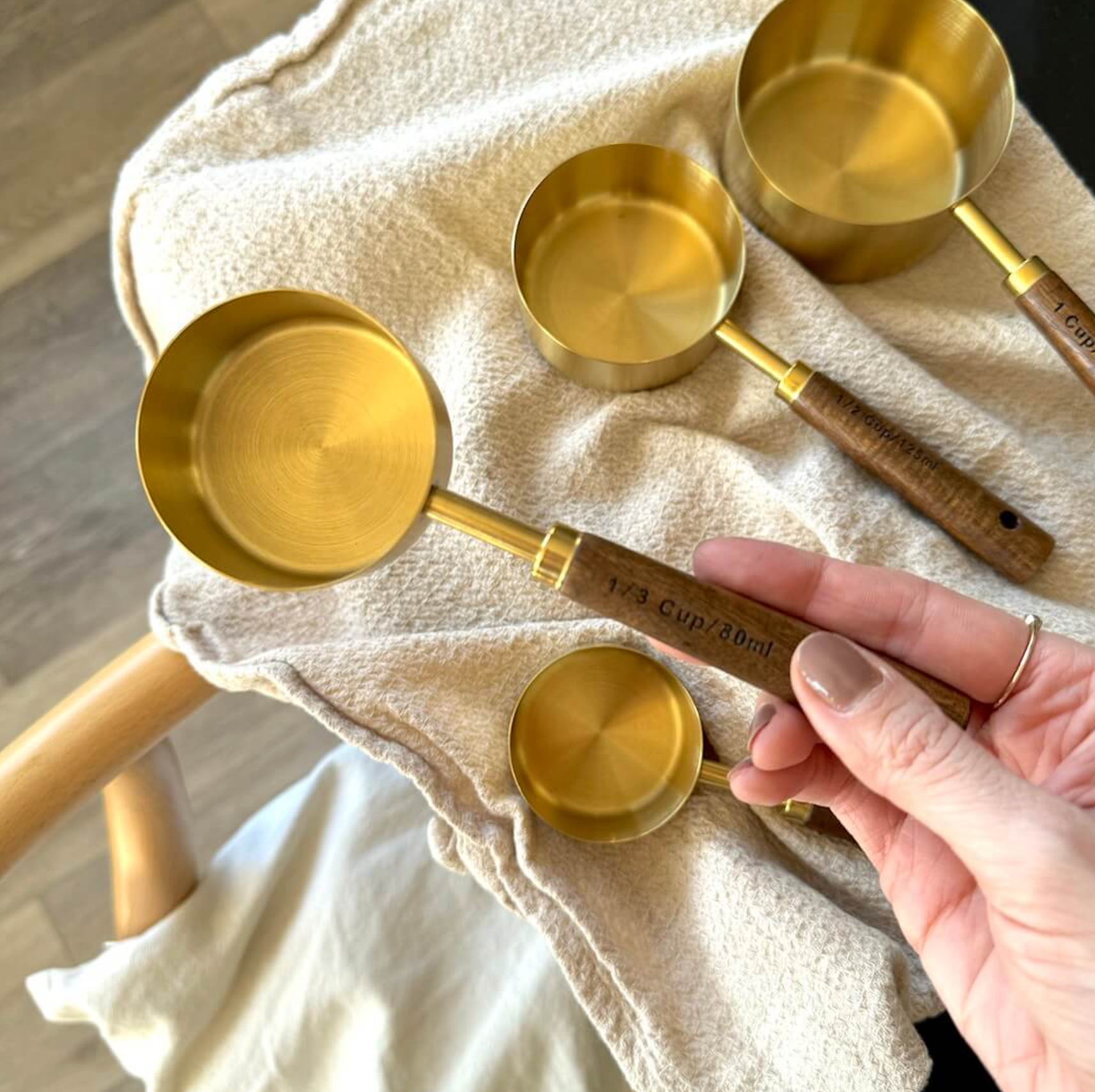 Gold Stainless Steel Measuring Cups Set 4 Piece with Walnut Wood Handles – 1 Cup, 1/2, 1/3, 1/4
