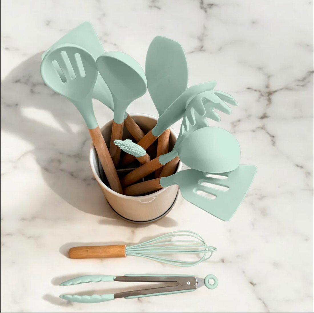 Mint Green Silicone Kitchen Utensil Set 11 Piece with Beechwood Handles – BPA Free Non-Stick Cooking Tools