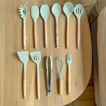 Mint Green Silicone Kitchen Utensil Set 11 Piece with Beechwood Handles – BPA Free Non-Stick Cooking Tools
